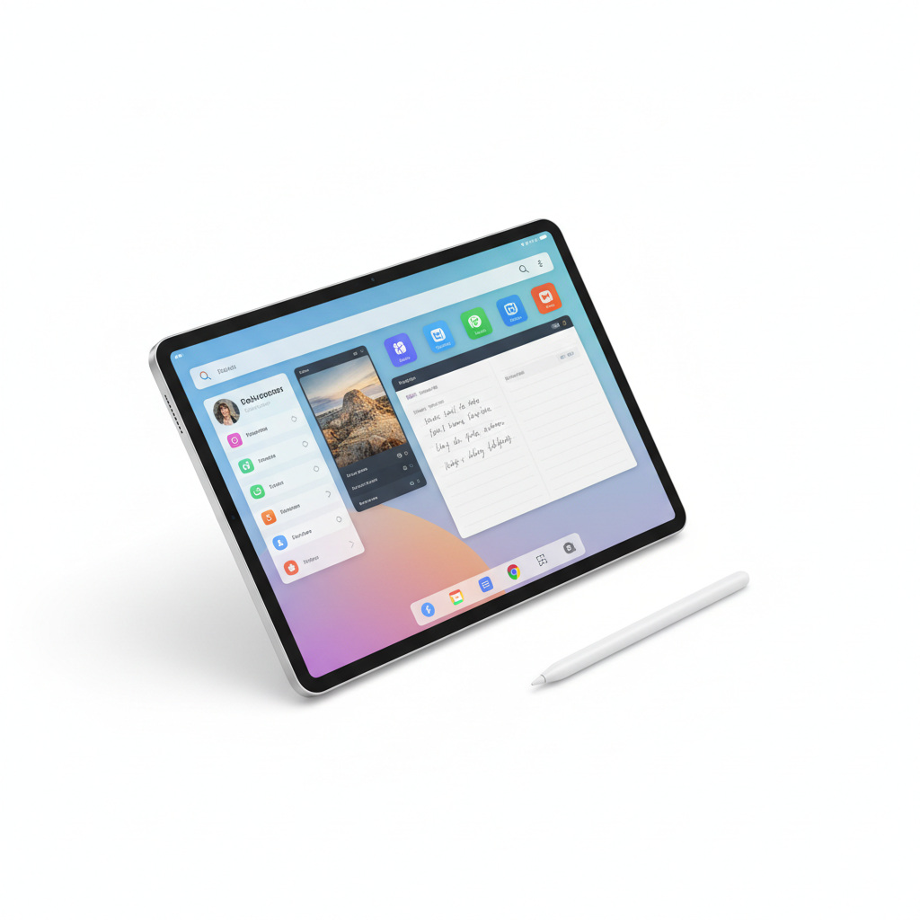 Student tablet with stylus pen on clean white background