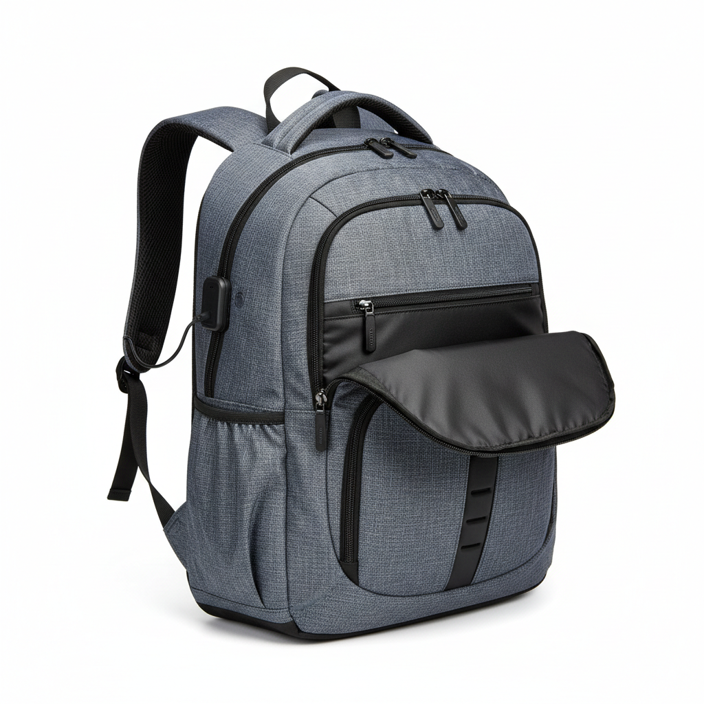 Student laptop backpack with multiple compartments and USB charging port